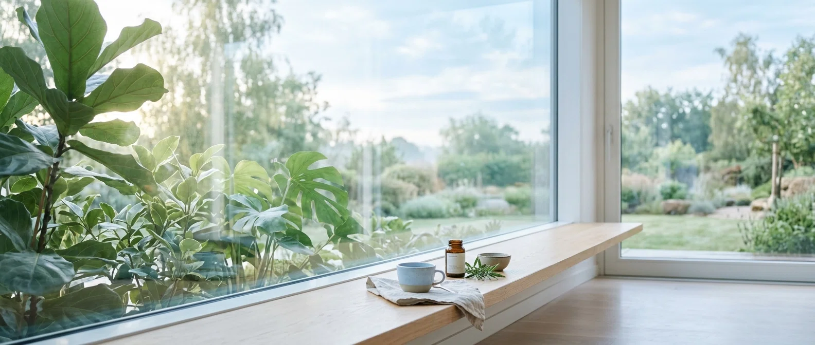 Serene morning light through green leaves - auditory wellness editorial