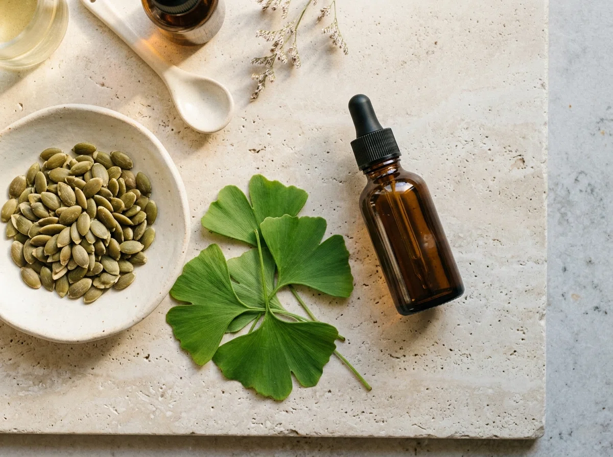 Natural wellness ingredients: pumpkin seeds, ginkgo biloba leaves, amber supplement bottle - zinc and magnesium for auditory wellbeing