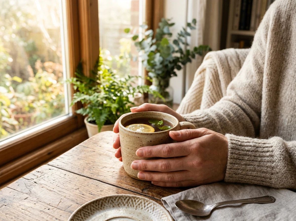 Hands holding a warm mug by a window - morning wellness routine